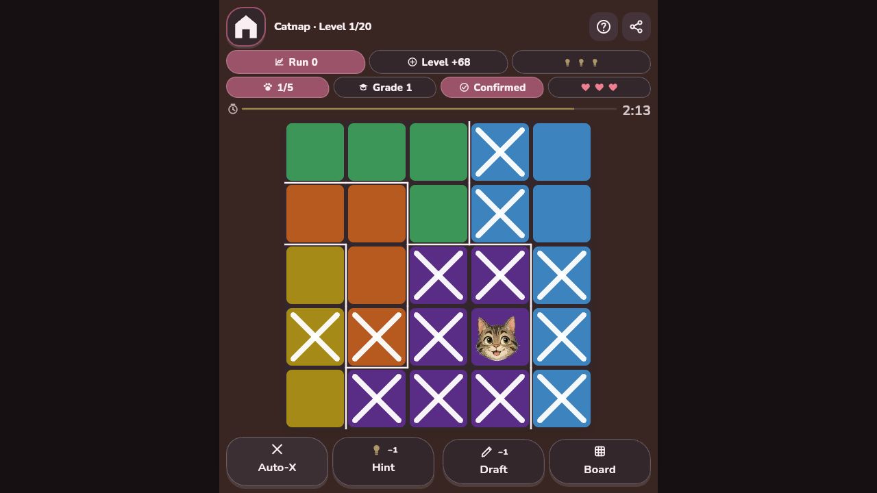 A five-by-five Miaudoku board with colored regions, one cat, and X marks excluding the cells around it.
