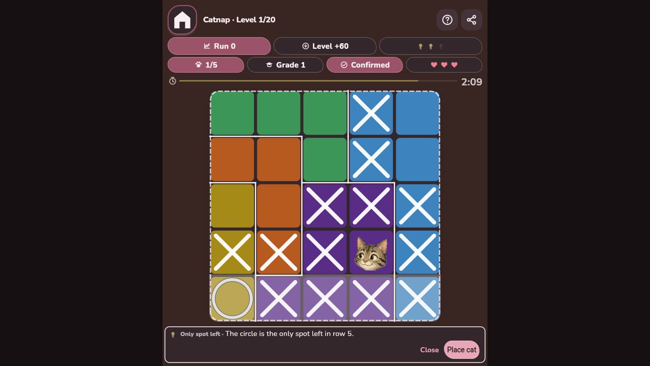 The same Miaudoku board with a hint circling the only available cell in row five and explaining why a cat belongs there.
