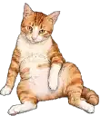 Claudio, the orange-and-white cat behind Big Cat Energy, sitting back with his belly showing.