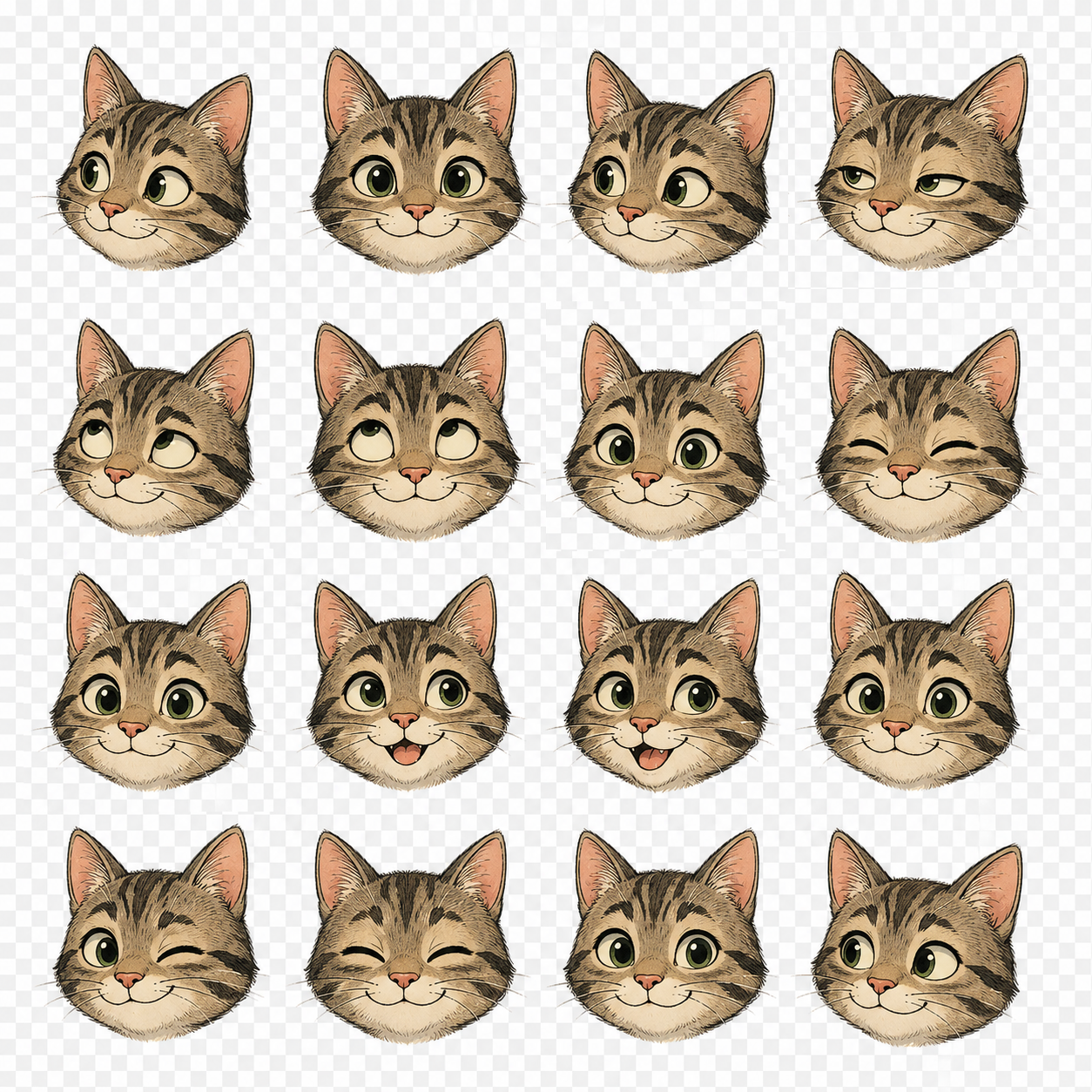 A four-by-four sprite sheet of Miaudoku's tabby mascot looking around, smiling, winking, and sticking out its tongue.